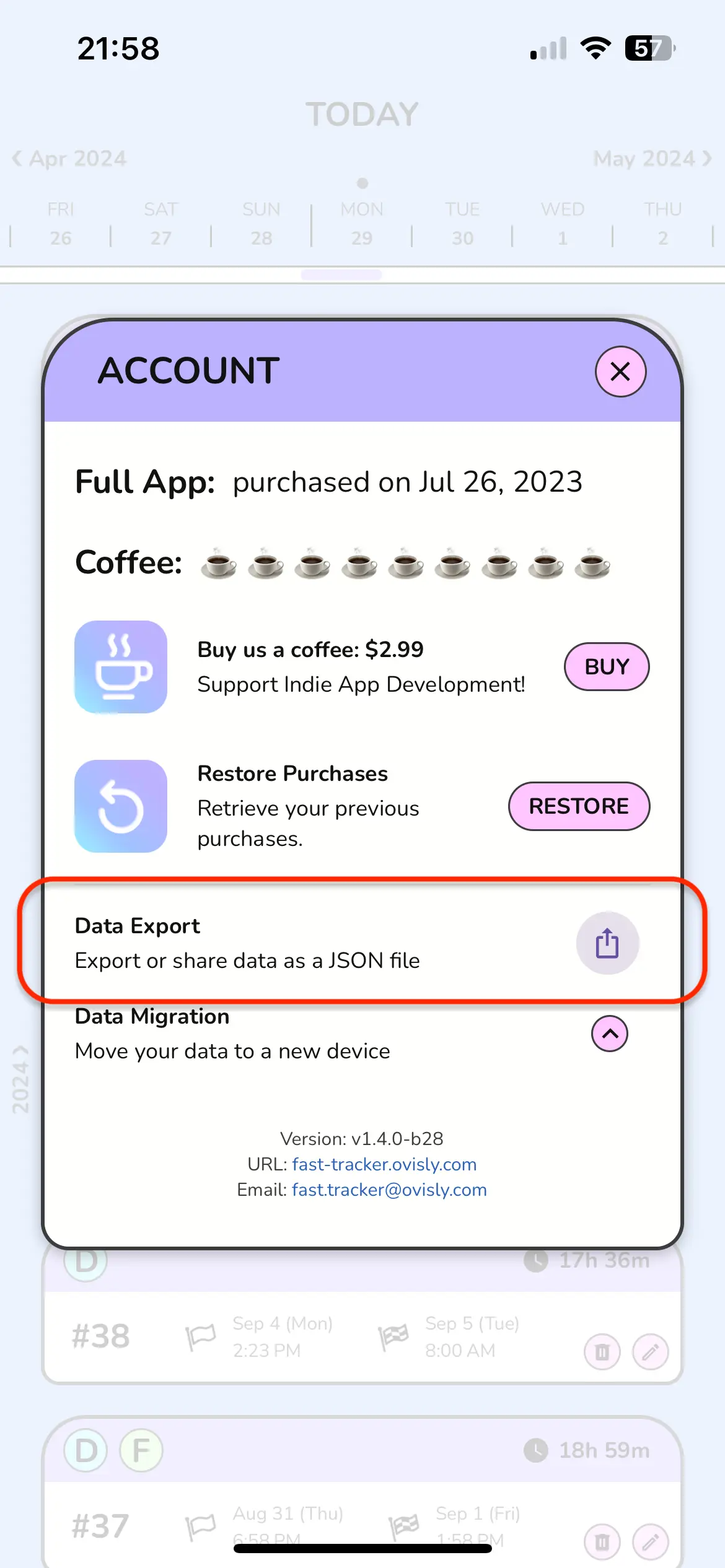The new Data Export experience in Minimal Fast Tracker.