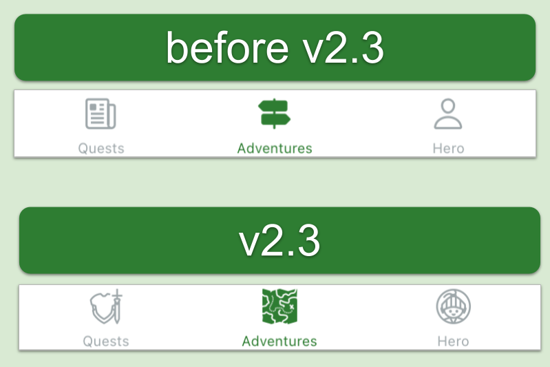 in heromode v2.3, navigator icons for Quests, Adventures, and Hero pages have been updated!