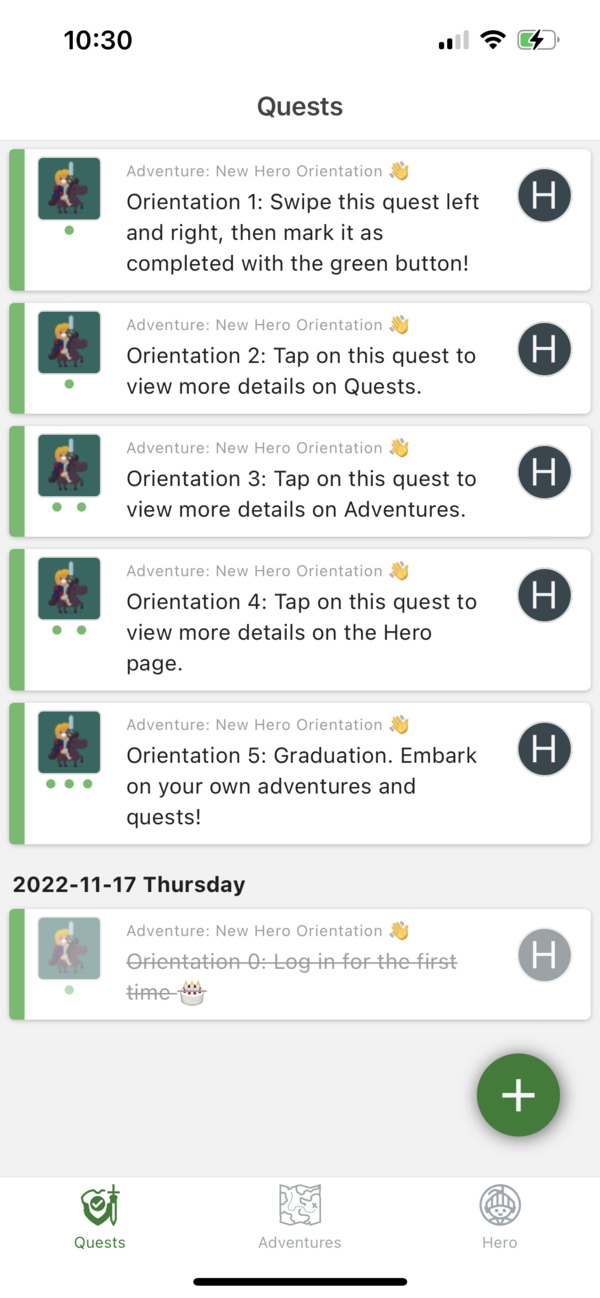 a new user is greeted with some quests designed to guide them through basic functionalities of HeroMode